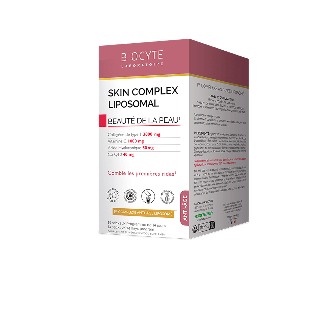 skin complex liposomal v1a 3760289222056 2 2 - Добавка дієтична у формі стіків , на основі бичачого колагену 1 типу, гіалуронової кислоти, вітаміну с та Q10 BIOCYTE Skin Complex Liposomal 14шт